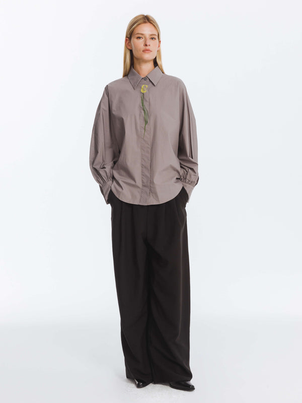 Cubic Cotton Flower Embroidery Long Sleeve Shirt Gray