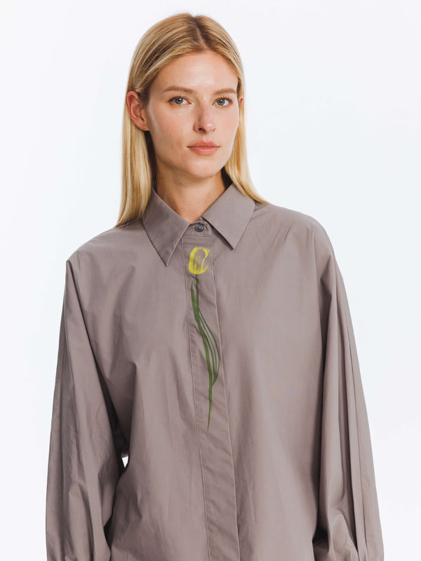 Cubic Cotton Flower Embroidery Long Sleeve Shirt Gray