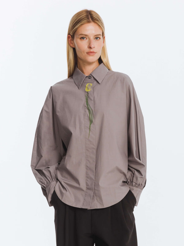 cubic Cotton Flower Embroidery Long Sleeve Shirt Gray