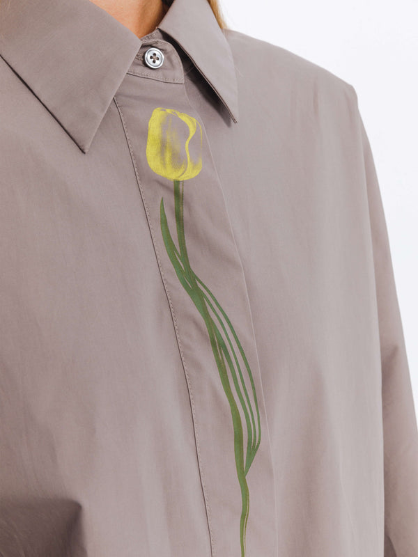 Cubic Cotton Flower Embroidery Long Sleeve Shirt Gray