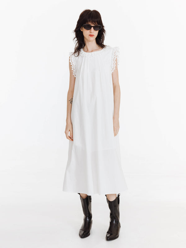 Cubic Cotton Lace Trimmed Sleeveless Long Dress White