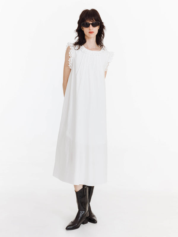 cubic Cotton Lace Trimmed Sleeveless Long Dress White