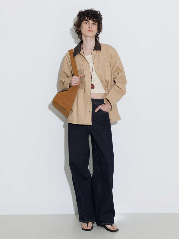 cubic Cotton Loose Lapel Jacket with Asymmetric Pockets Moccasin