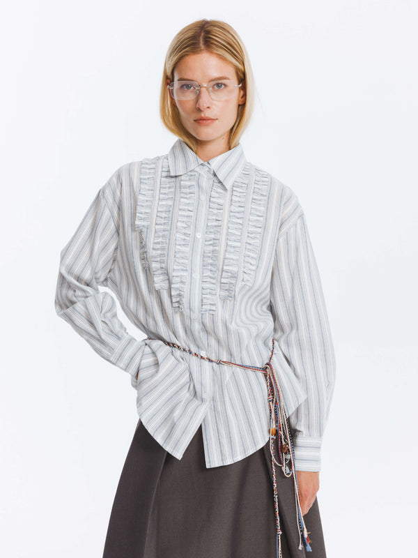 Cubic Cotton Striped Long Sleeves Shirt With Chest Lace LightSteelBlue