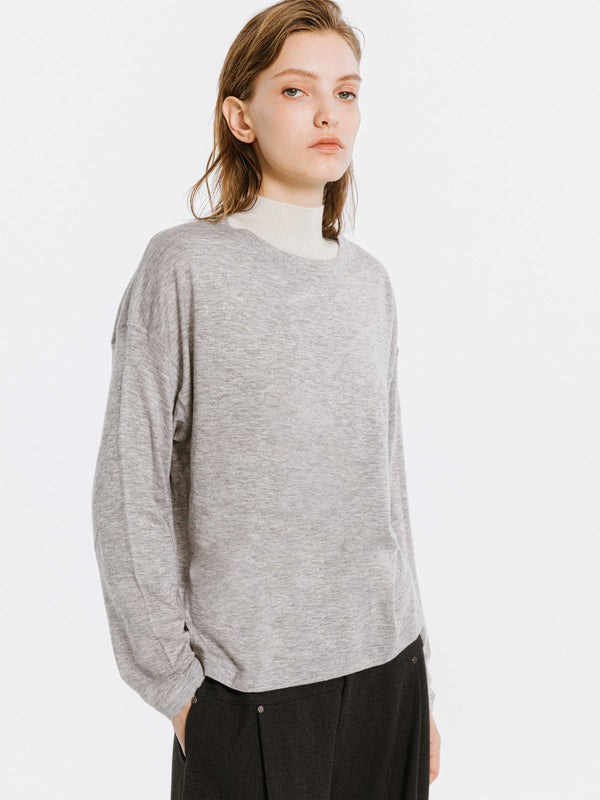 Cubic Crew Neck Long Sleeve Top With Wool Blend LightGray