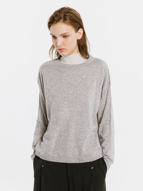 Cubic Crew Neck Long Sleeve Top With Wool Blend LightGray