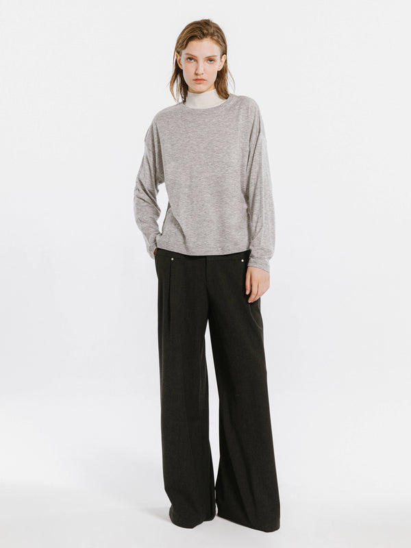 Cubic Crew Neck Long Sleeve Top With Wool Blend LightGray