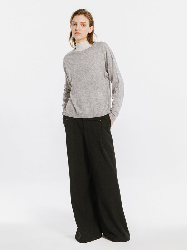 cubic Crew Neck Long Sleeve Top with Wool Blend LightGray