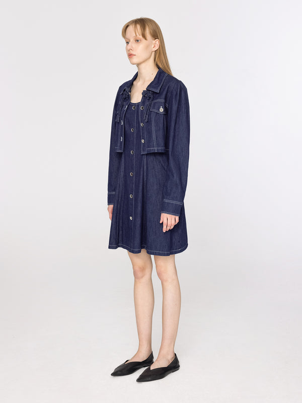 Cubic Cropped Denim Jacket And Denim A-line Dress Set Blue
