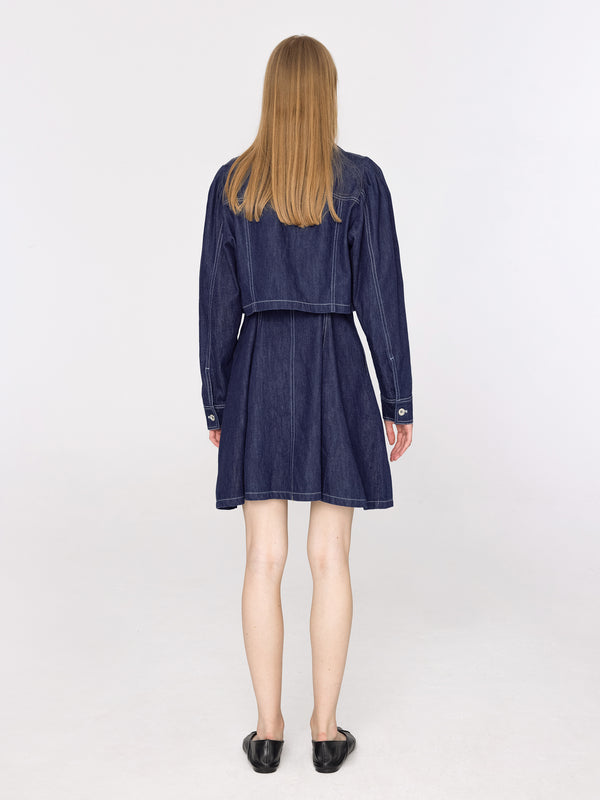 Cubic Cropped Denim Jacket And Denim A-line Dress Set Blue