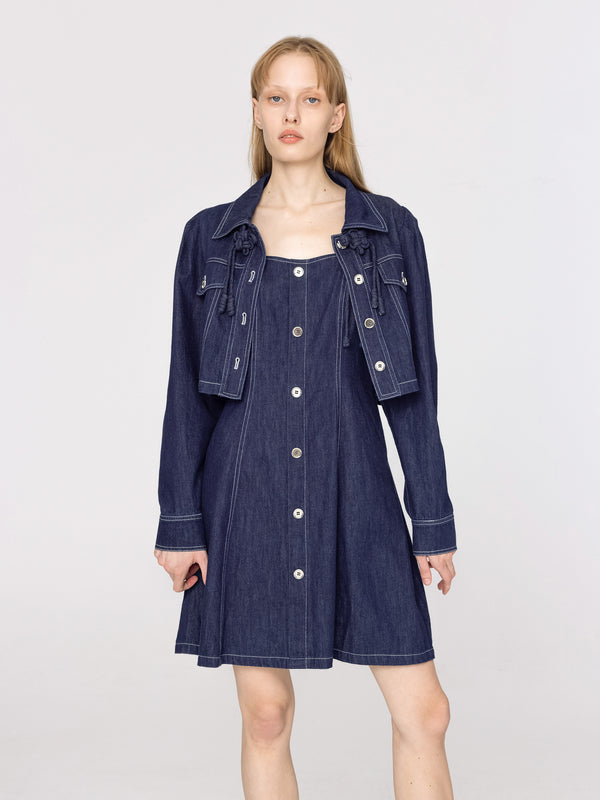 Cubic Cropped Denim Jacket And Denim A-line Dress Set Blue