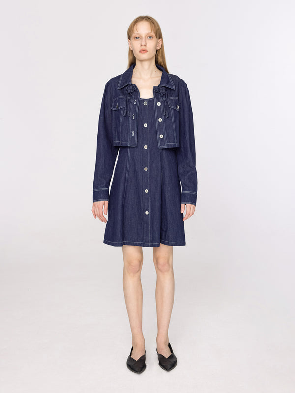 cubic Cropped Denim Jacket and Denim A-line Dress Set Blue
