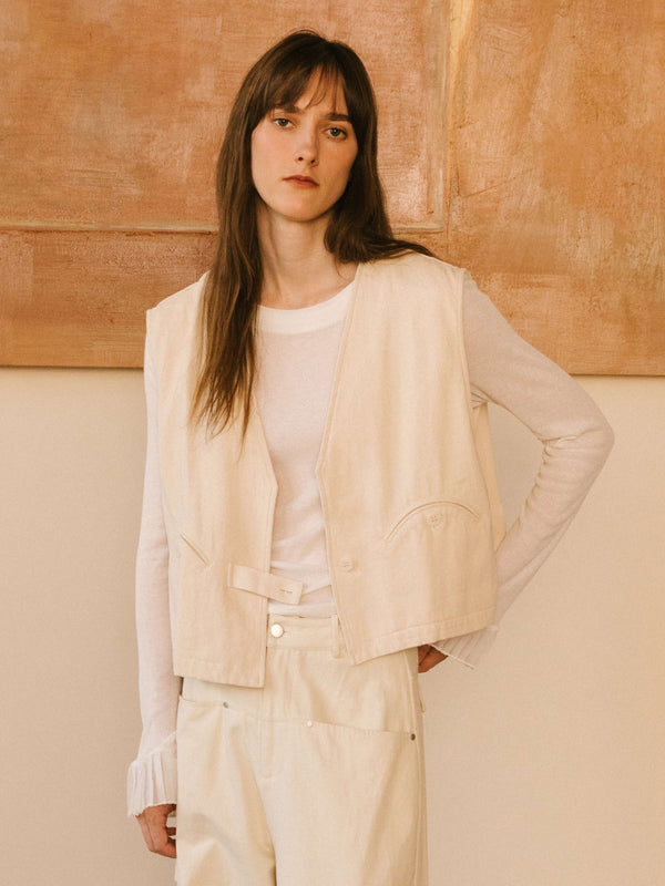 cubic Cropped Double Breasted Twill Waistcoat Wheat