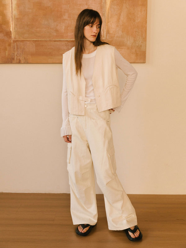 Cubic Cropped Double Breasted Twill Waistcoat Wheat