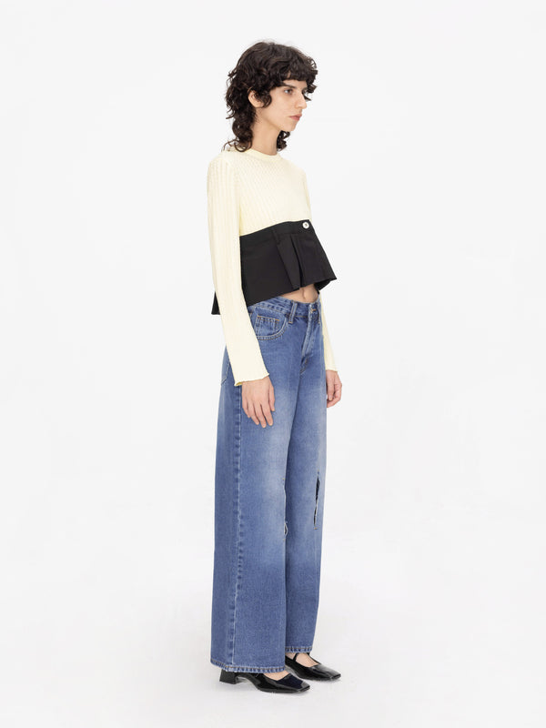 Cubic Cropped Knit Top With Shirting Panel Light Yellow