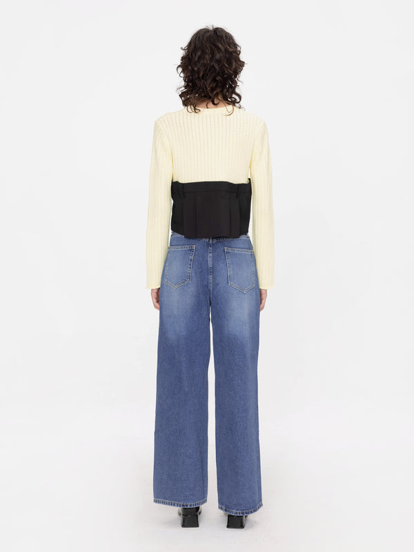 Cubic Cropped Knit Top With Shirting Panel Light Yellow