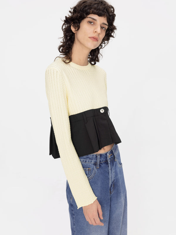 Cubic Cropped Knit Top With Shirting Panel Light Yellow