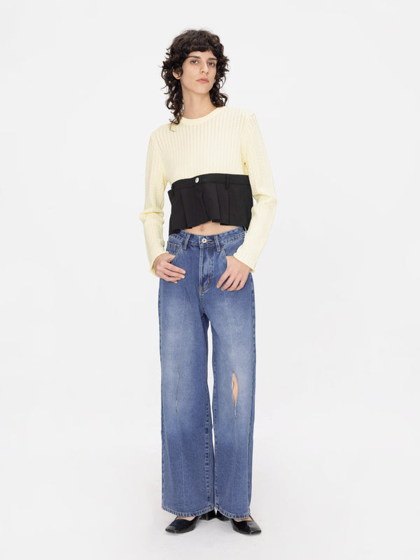 cubic Cropped Knit Top with Shirting Panel Light Yellow