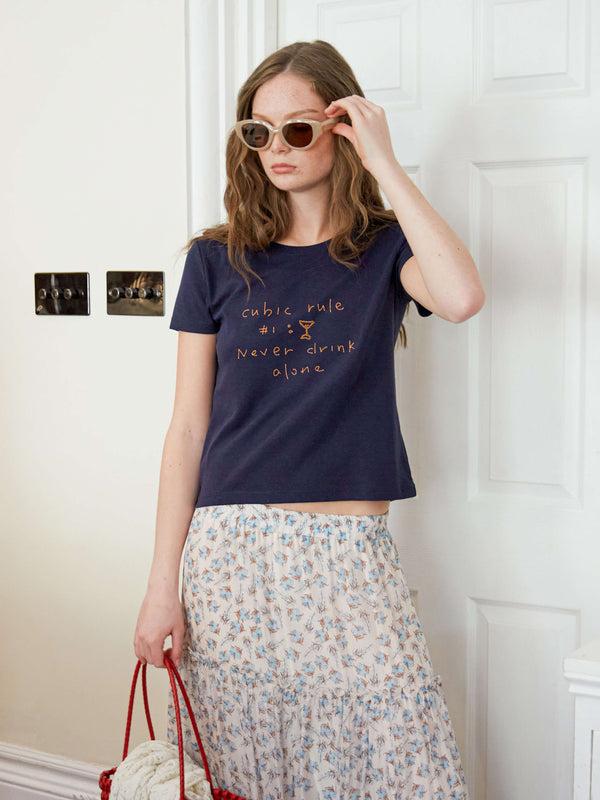 Cubic Cropped Letter Embroidered T-shirt Light Gray