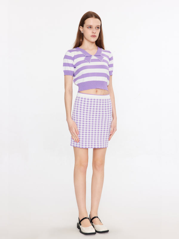 Cubic Cropped Striped Knit Top And Mini Skirt Purple