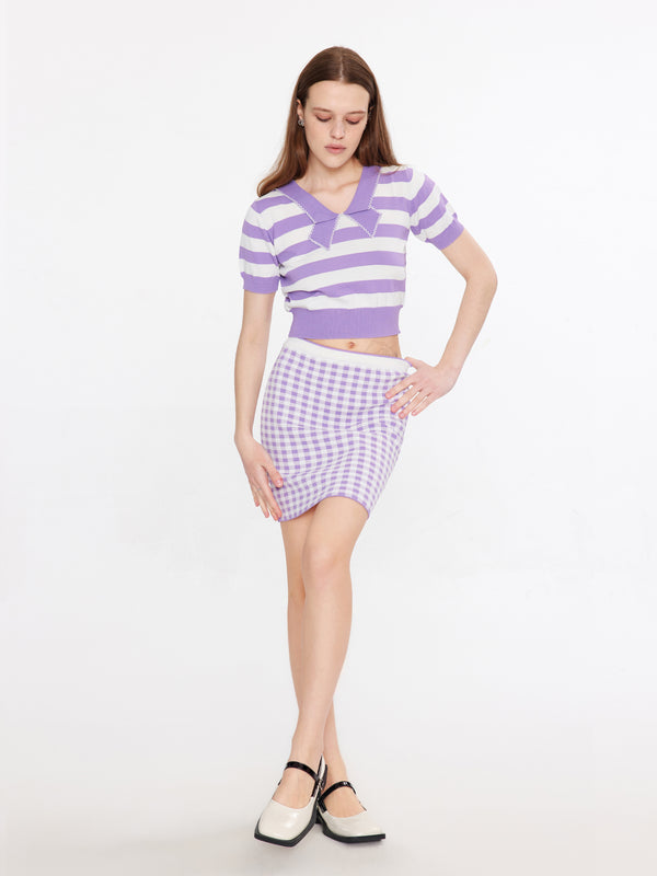 Cubic Cropped Striped Knit Top And Mini Skirt Purple