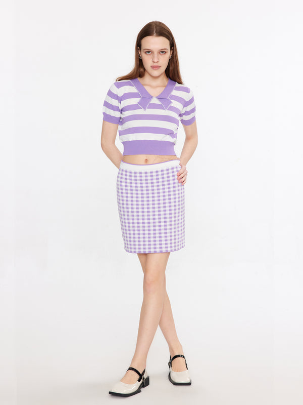 cubic Cropped Striped Knit Top and Mini Skirt Purple