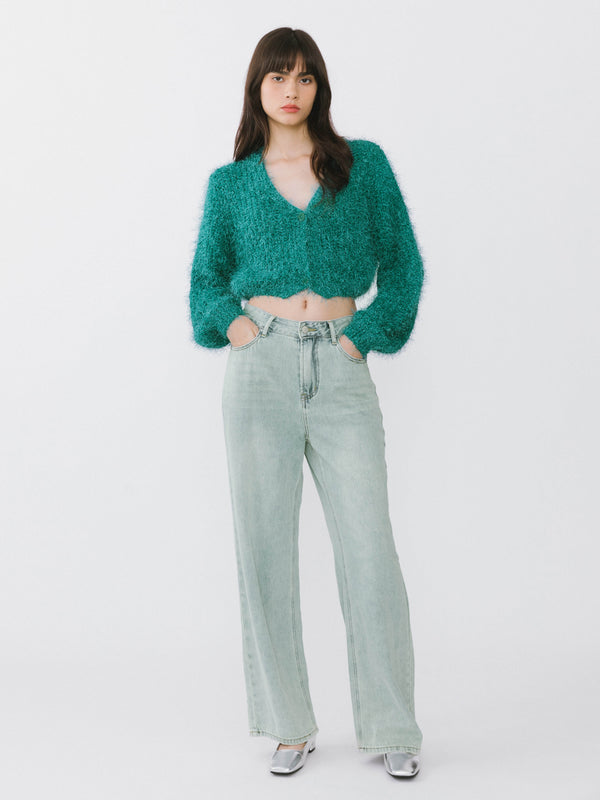 Cubic Cropped V-neck Fluffy Knit Cardigan Dark Cyan