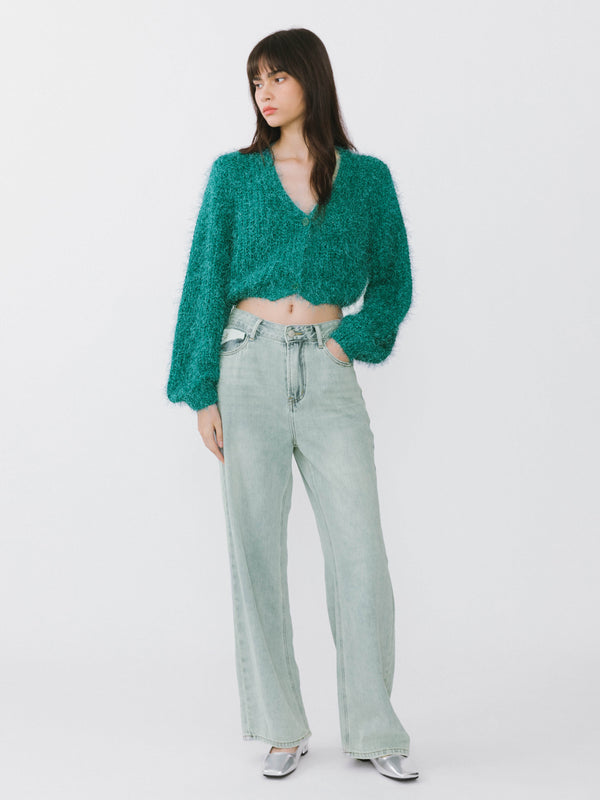 Cubic Cropped V-neck Fluffy Knit Cardigan Dark Cyan