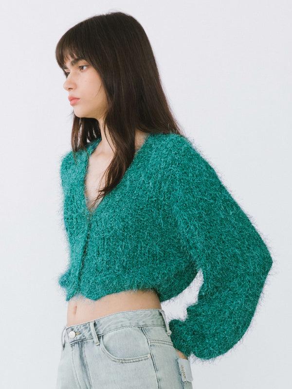 Cubic Cropped V-neck Fluffy Knit Cardigan Dark Cyan