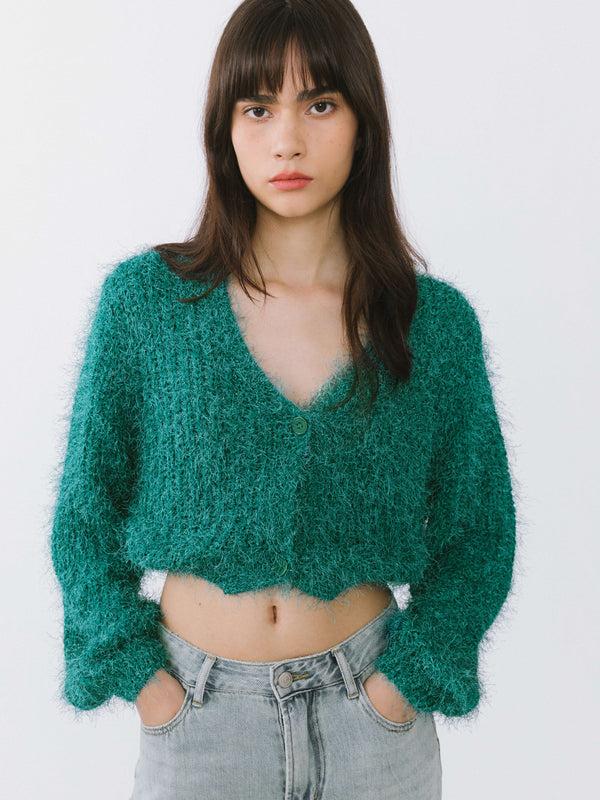 cubic Cropped V-neck Fluffy Knit Cardigan Dark Cyan
