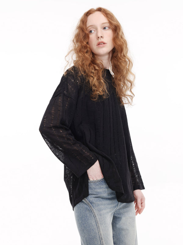Cubic 3/4 Sleeve Loose Knit Top Black