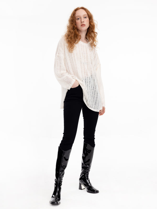 Cubic 3/4 Sleeve Loose Knit Top Black