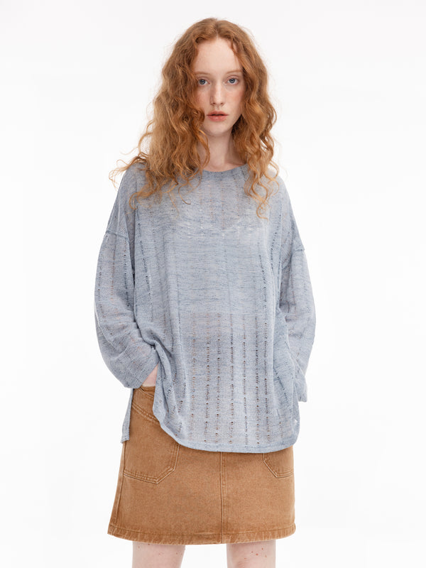 cubic 3/4 Sleeve Loose Knit Top Black