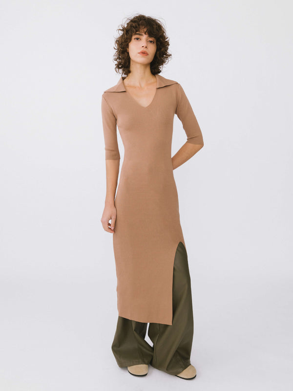 Cubic 3/4 Sleeve Slitted Dress Light Coffee