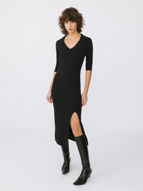 cubic 3/4 Sleeve Slitted Dress Light Coffee