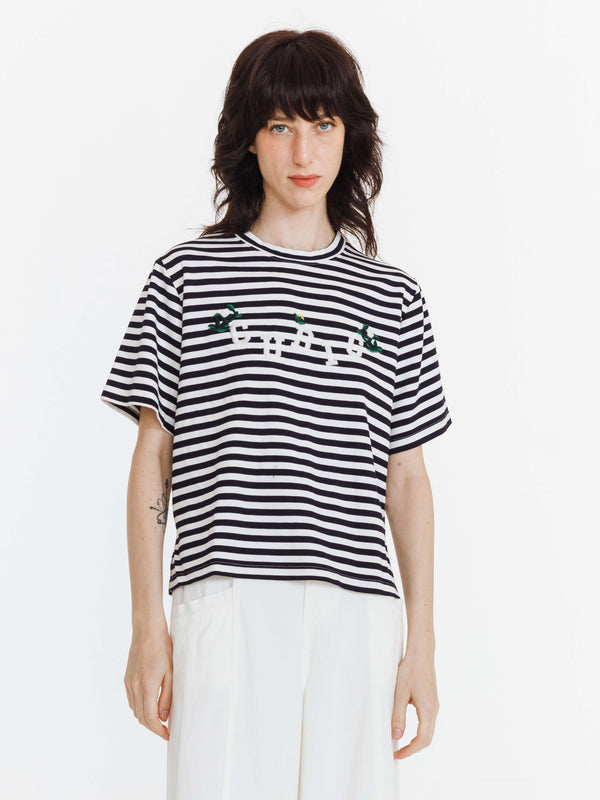 cubic 3D Embroidered Striped Casual T-shirt Black