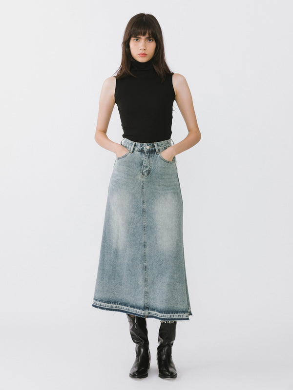 Cubic A-line Denim Maxi Skirt Steel Blue
