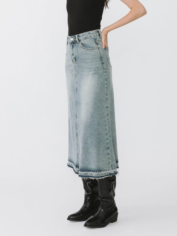 Cubic A-line Denim Maxi Skirt Steel Blue