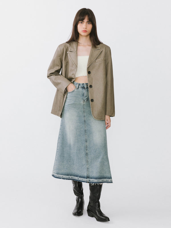 Cubic A-line Denim Maxi Skirt Steel Blue
