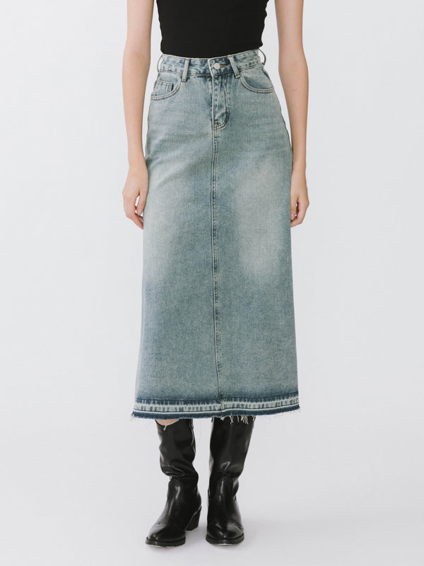 cubic A-line Denim Maxi Skirt Steel Blue