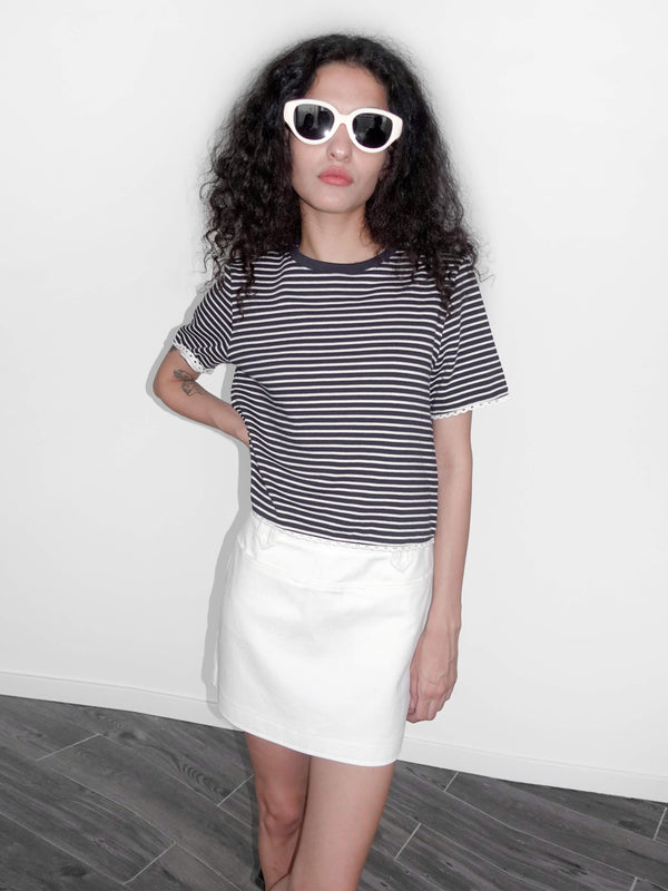 Cubic A-line Denim Mini Skirt White