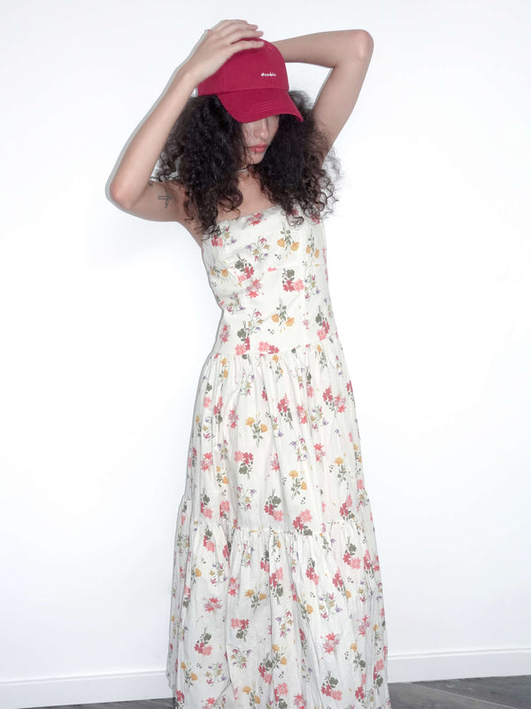 Cubic A-line Floral Print Sling Dress White