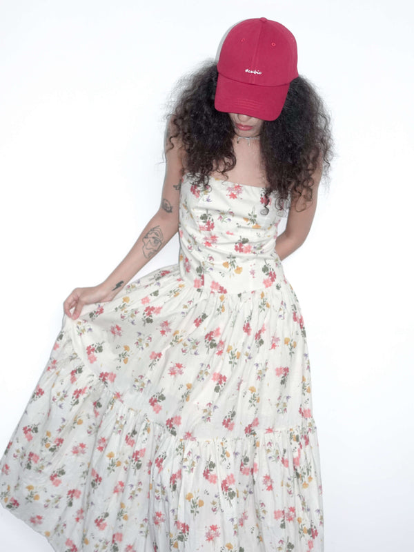 Cubic A-line Floral Print Sling Dress White