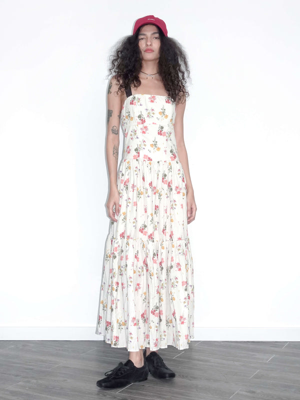 cubic A-line Floral Print Sling Dress White