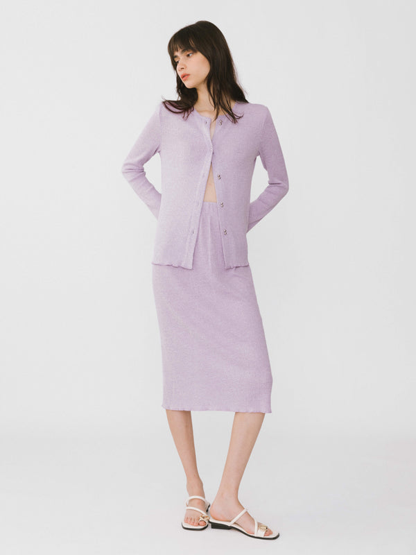 cubic A-line Ribbed Knit Midi Skirt Lavender