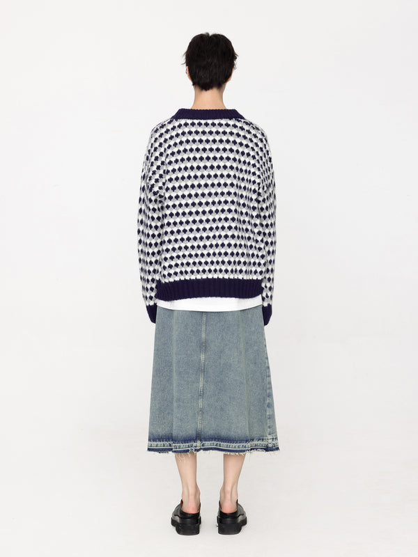 Cubic All Over Geometric Knit Sweater Navy