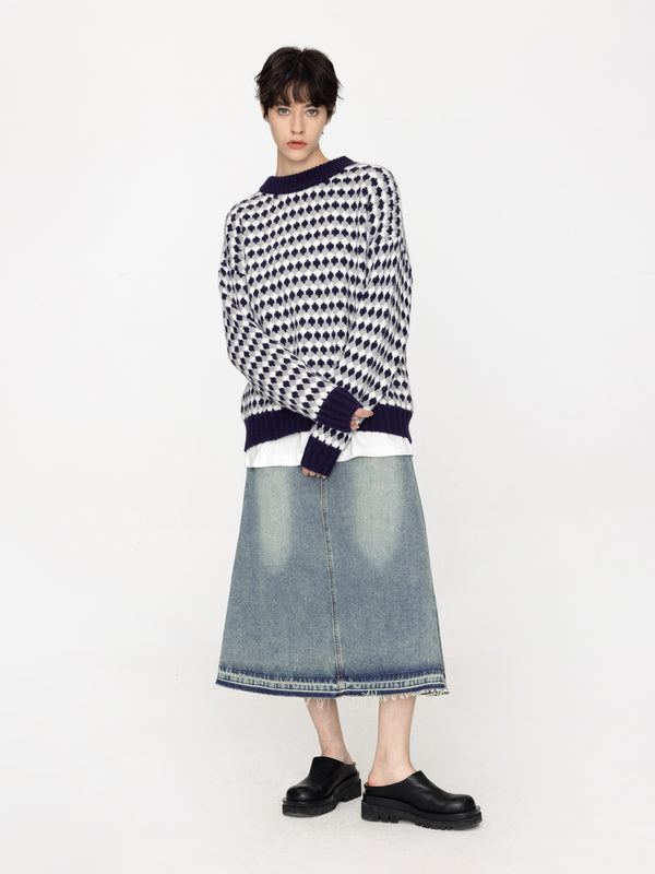 Cubic All Over Geometric Knit Sweater Navy