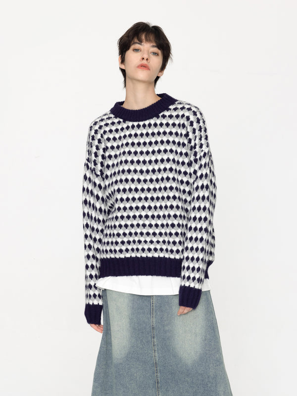 cubic All Over Geometric Knit Sweater Navy