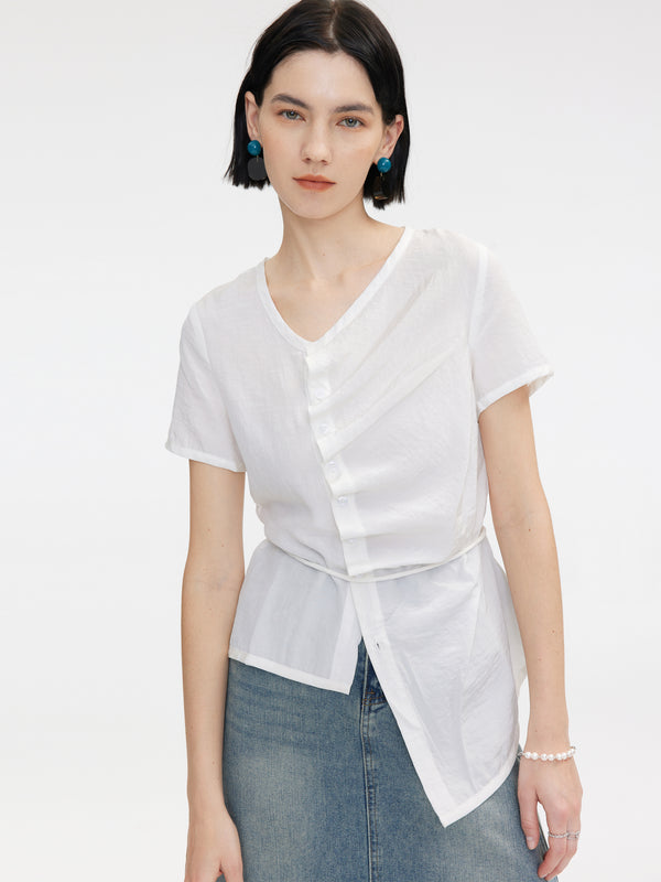 cubic Asymmetric Button Down T-Shirt White
