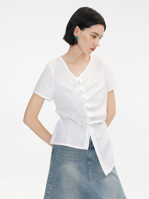 Cubic Asymmetric Button Down T-Shirt White